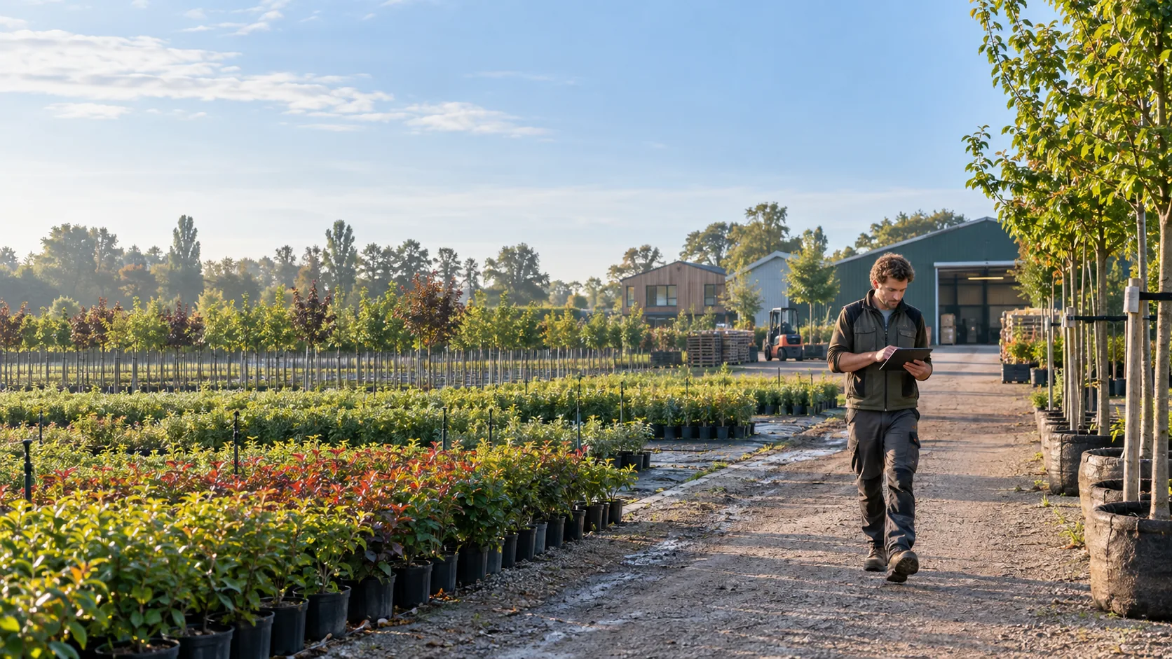 Medewerker bekijkt een order tussen de bomen op een kwekerij
